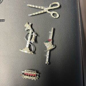 Vintage Rhinestone brooches (scissors, telephone, trolley, top hat and cane)